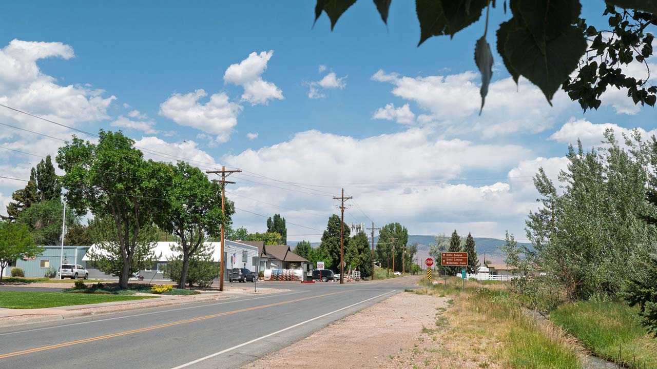 Town of Neola with store and houses, set against blue sky, mountains, and cottonwood trees.